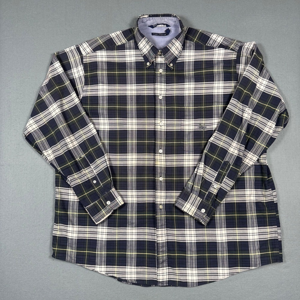 Nautica Mens XXL Plaid Button Down Shirt Navy Green Cotton Long Sleeve Flaw